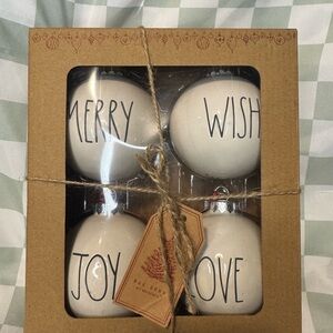 Rae Dunn Christmas Ornament Set – Merry, Wish, Joy, And Love – 4 Piece Boxed Set